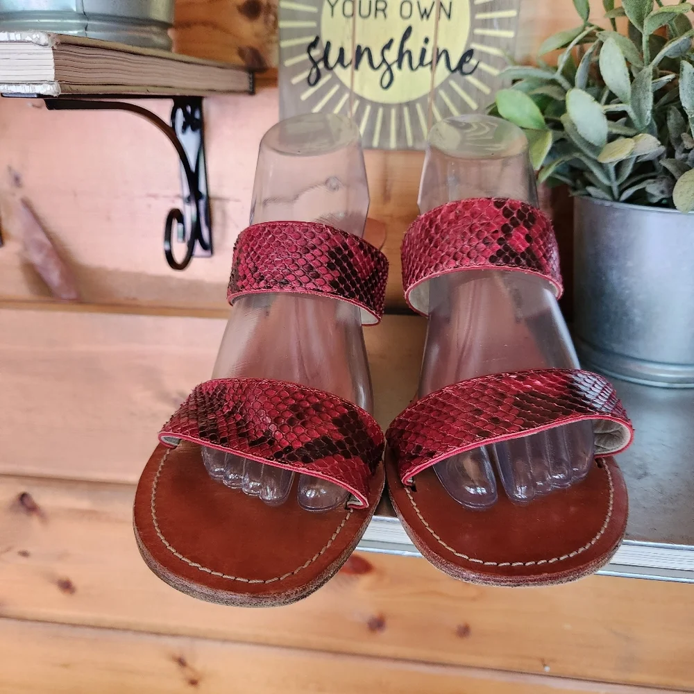Il Sandalo Tesorone Brothers Red Leather Snake Embossed Wedge Heel Sandals Sz 43
